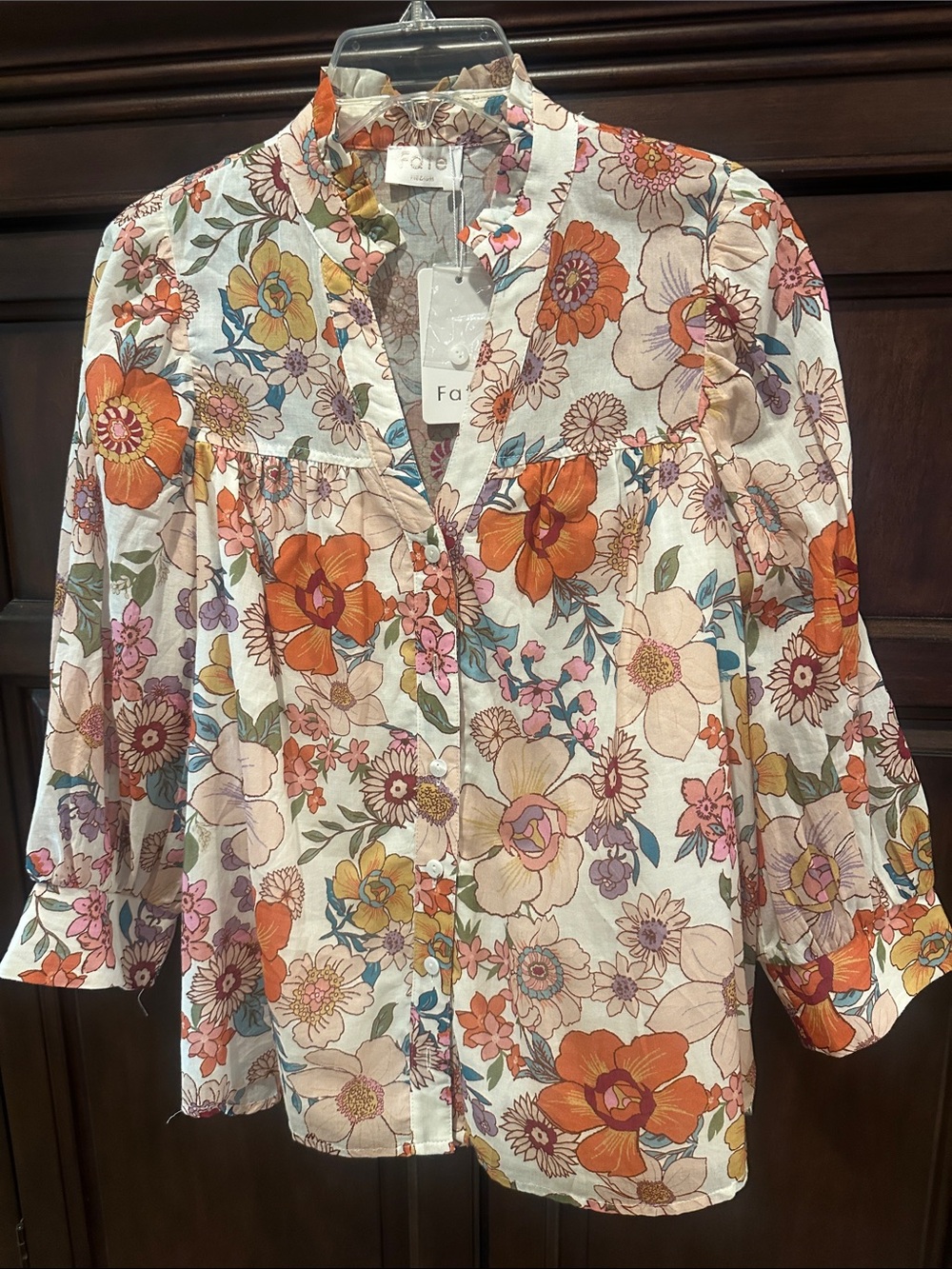 Fate Floral Button-Up Blouse in Orange, Pink, Cream & Green